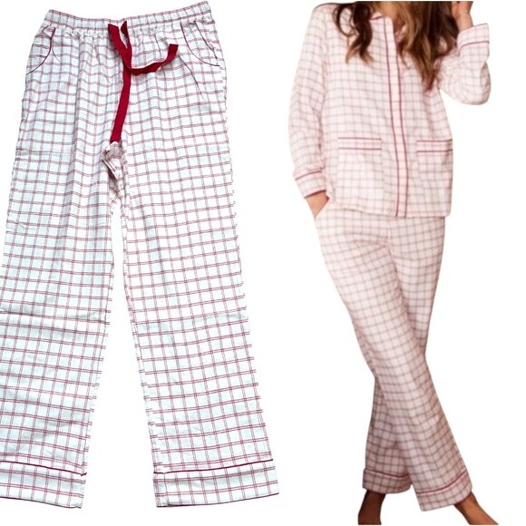 Lake Flannel Pajama Pants Red White Windowpane Check M Women's Cotton Red Piping - Picture 1 of 4